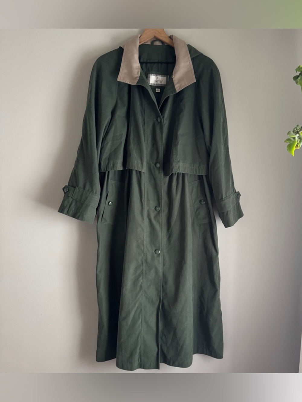 Vintage 90’s FS Limited Olive Green and Tan Trench Coat Removable Hood Sz 12